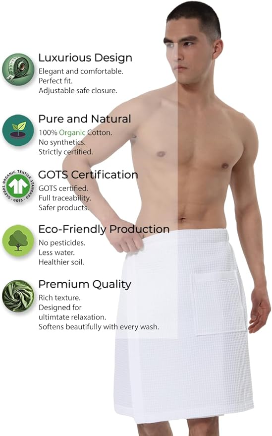 SEYANTE Men's Organic Waffle Spa Wrap – GOTS Certified 100% Turkish Cotton, Adjustable Closure, Same-Color Piping