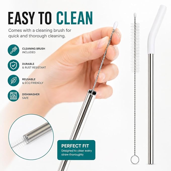 Reusable Stainless Steel Straws with Silicone Tips, Set of 8, BPA-Free, Dishwasher Safe, with Cleaning Brush
