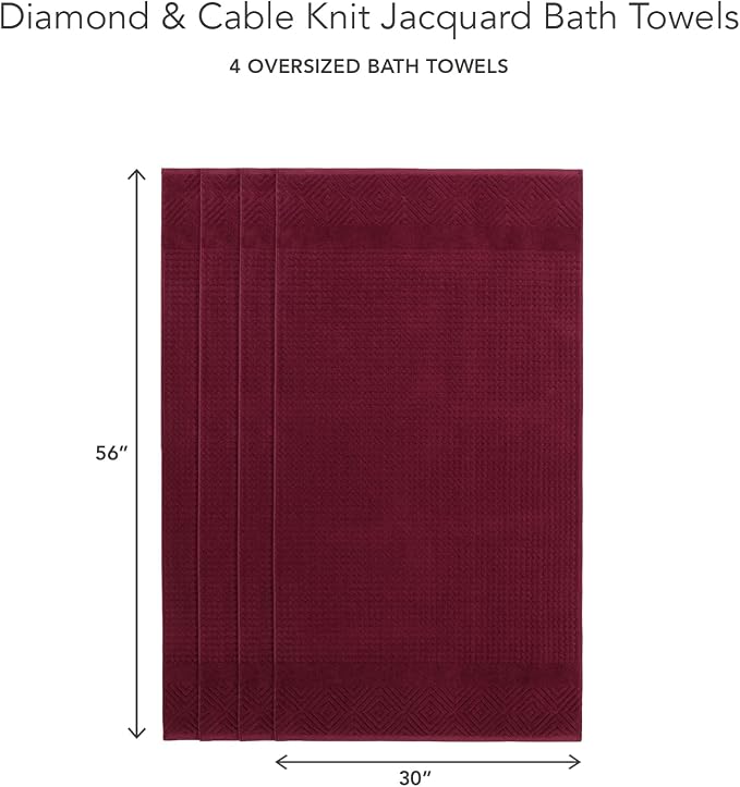 Texere 100% Organic Cotton Jacquard Towel Sets (Diamond, Merlot, 4 Bath Towels)