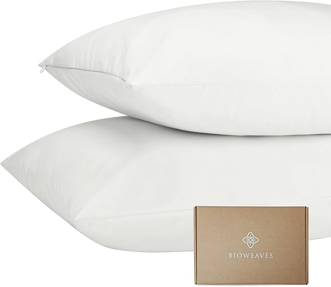 Bioweaves Organic Cotton Jersey Knit Waterproof Pillow Protector Covers with Zipper Closure – GOTS Certified Soft & Quite Pillow Encasement – Queen Size, 20 x 30 inches, Set of 2