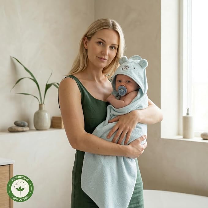 Hooded Baby Towel – 100% Organic Cotton Baby Bath Towels – Baby Boy Newborn Essentials - Super-Soft and Absorbent. (Bear - Baby Blue)