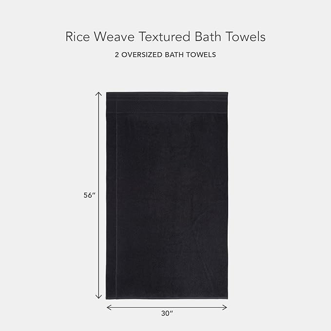 Texere 100% Organic Cotton Rice Weave Jacquard 700 GSM Luxury Bath Towel Sets - Ultra Soft and Absorbent Hotel and Spa Quality (Rice Weave, Black, 2 Bath Towels)