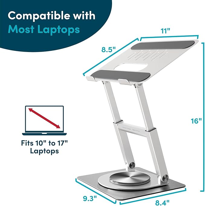 Lifelong 360 Rotating Adjustable Laptop Stand, 16" Tall Riser - Silver | Ergonomic Computer Stand with Swivel Base for 10-17" MacBook Pro & All Laptops- Portable Standing Desk Converter