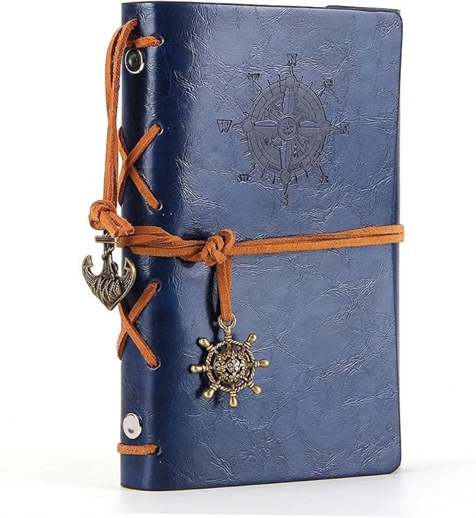EvZ Dark Blue Leather Journal - 5" Refillable Vintage Nautical Notebook with Anchor & Rudder Pendants - Small Spiral Blank Sketchbook for Travel, Business & Journaling - Classic Embossed Navy Diary