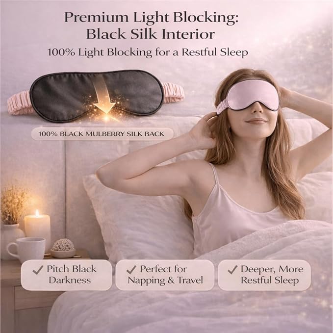 100% Mulberry Silk Sleep Mask for Women/Men Airplane Travel, Pure 22 Momme Silk Eye Mask Blackout for Sleeping, Ajustable, Luxury, Anti Wrinkle, Anti Aging Silk Blindfold, Made in USA (Pink)