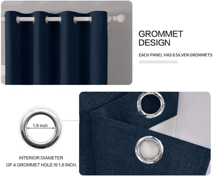 MIULEE Linen Textured Curtains for Bedroom Solid 100% Blackout Thermal Insulated Midnight Blue Grommet Room Darkening Curtains & Drapes Luxury Decor for Living Room Nursery 52 x 45 Inch (2 Panels)