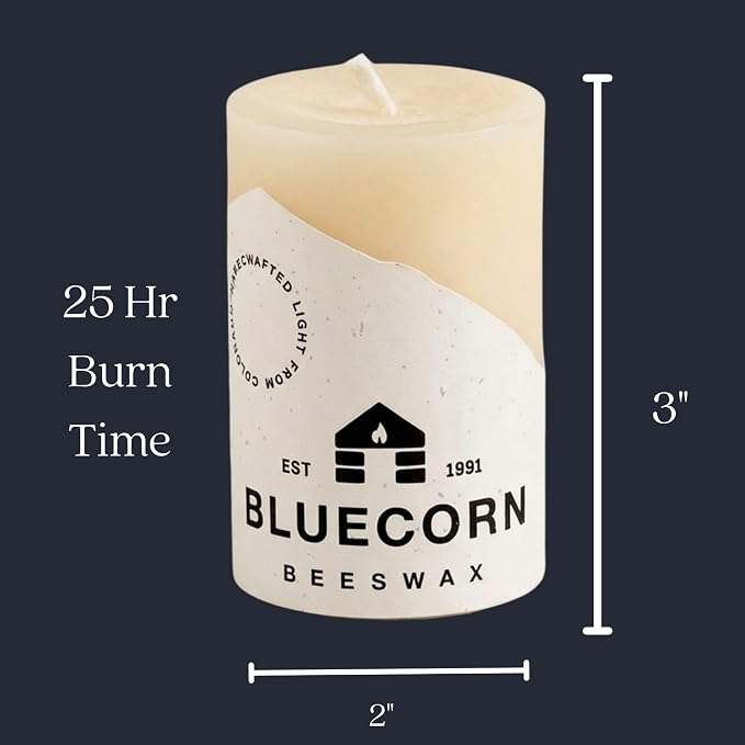 Bluecorn Beeswax 100% Pure Beeswax Pillar Candles | Ivory White 2x3 Pillar Candle Set | Non Toxic, Unscented, Clean Burning | Cotton Wick, Dripless, 25 Hr Long Burning | Handmade in USA | 6 Pack