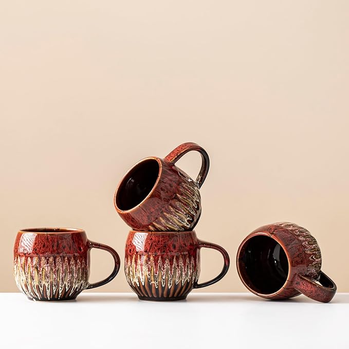 13oz Large Coffee Mug - Unique Handcrafted Look Ceramic Cup, Large Tea Mug, Microwave & Dishwasher Safe (red,Set of 4)