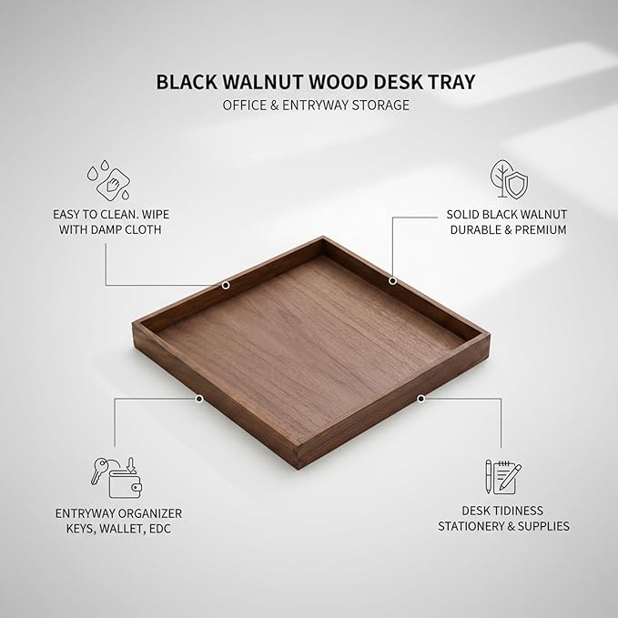 Solid Black Walnut Wood Desk Organizer Tray for Office, Entryway, and Home Storage