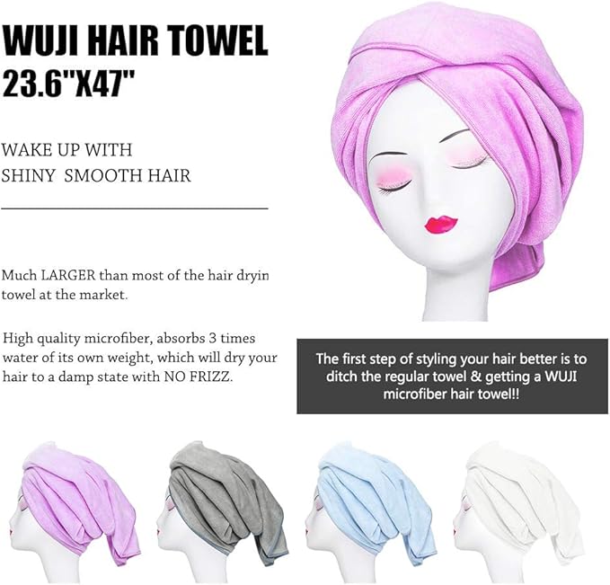 Microfiber Hair Towel Anti Frizz Hair Wrap Super Absorbent Curly Hair Drying Towel 23.6''x47'' Large Multifunction Towel for Bath Spa Makeup, Light Purple