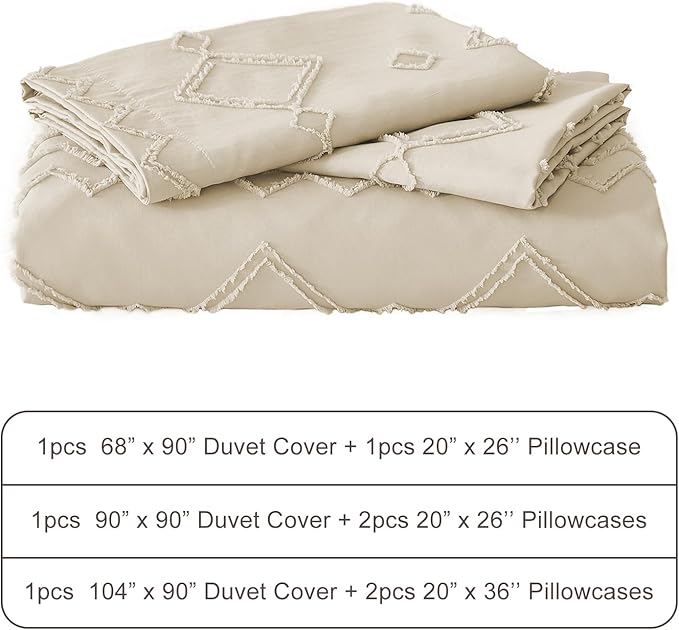 EMME Boho Duvet Cover Queen Size Beige - 3 Pieces Soft & Breathable Tufted Boho Shabby Chic Embroidery Bedding for All Seasons, 1 Duvet Cover with 2 Pillow Shams & Zipper Closure (Beige, Queen)