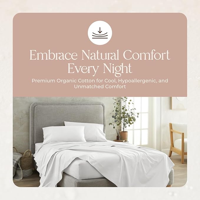 100% Organic Cotton Sheets Twin Size - GOTS Certified Organic Bed Sheets with Deep Pocket 300 Thread Count & Cozy Sateen Weave Gets Softer with Each Wash - Luxury 3 Piece Set (White, Twin)