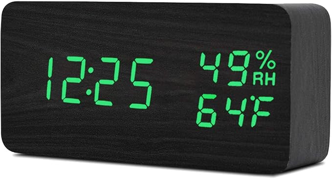 Wooden Alarm Clock Modern Wood Clock Digital Electronic Desk Clock LED Display Time Date Temperature Humidity Voice Control 3 Alarms 3 Brightness for Home Office Kids (Black,Green)