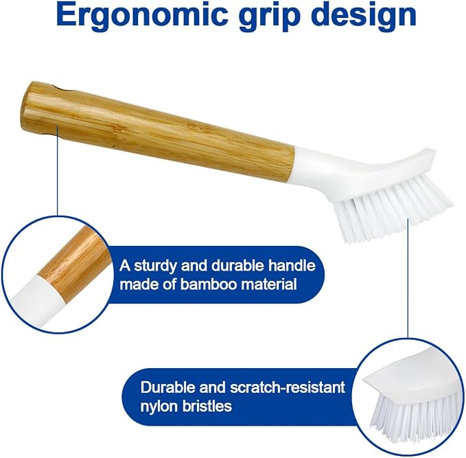 CELOX 2 Pack Bamboo Dish Brush with Handle Kitchen Scrub Brush, Dish Scrubber - Perfect for Dish Washing, Vegetable, Grill Cleaning