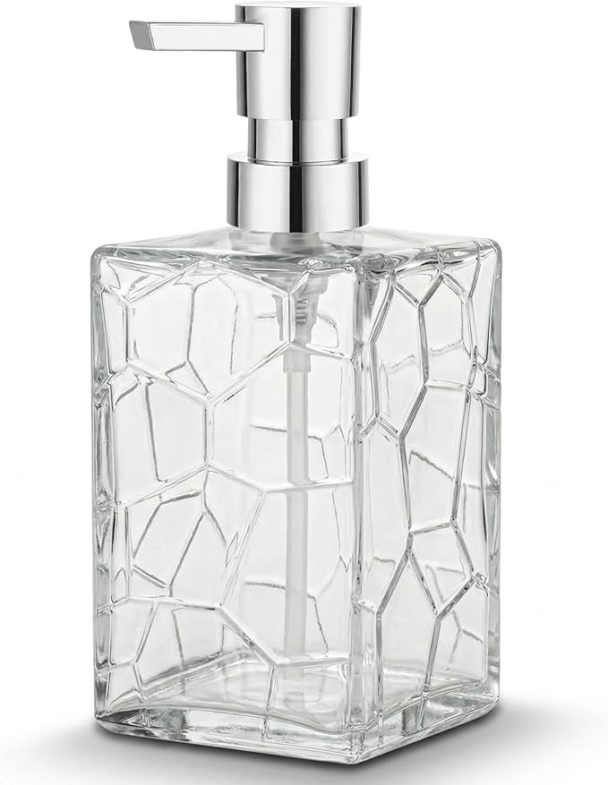 Clear Glass Soap Dispenser with Pump Geometric Texture Refillable Decorative Hand Soap Dispenser for Bathroom Kitchen Countertop