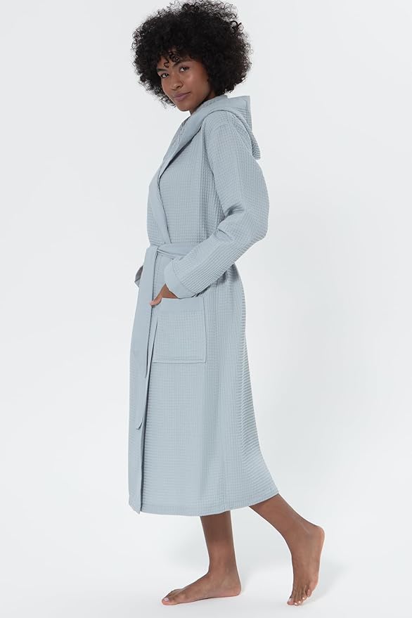 SEYANTE Women's Organic Cotton Waffle Kimono, Hooded Robe – GOTS Certified Lightweight Full-Length Spa Bathrobe with Piping