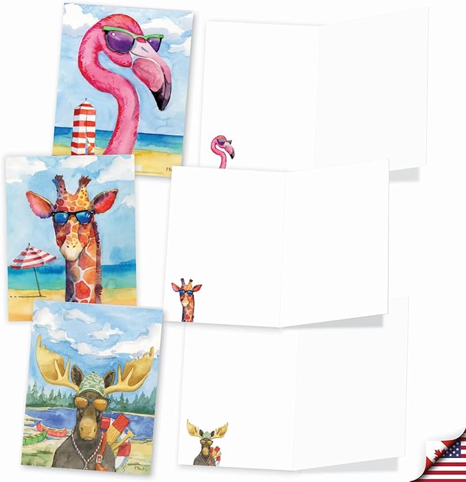 The Best Card Company Assorted Funny Wildlife Watercolor Blank Greeting Card Box Set - Incl. 10 Unique Notecards Designs + Envelopes for Thank You, Invitations - Animal's Day Off AM6670OCB-B1x10