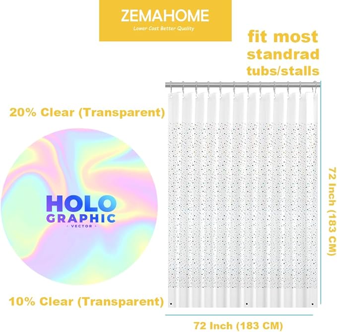 ZEMAHOME Holographic Thin 3D EVA Shower Curtain Liner Glitter Star, 72x72 Premium Light Weight Clear Plastic Bathroom Shower Curtain with Rustproof Metal Grommets for Shower Stall, Bathtubs(No Hooks)