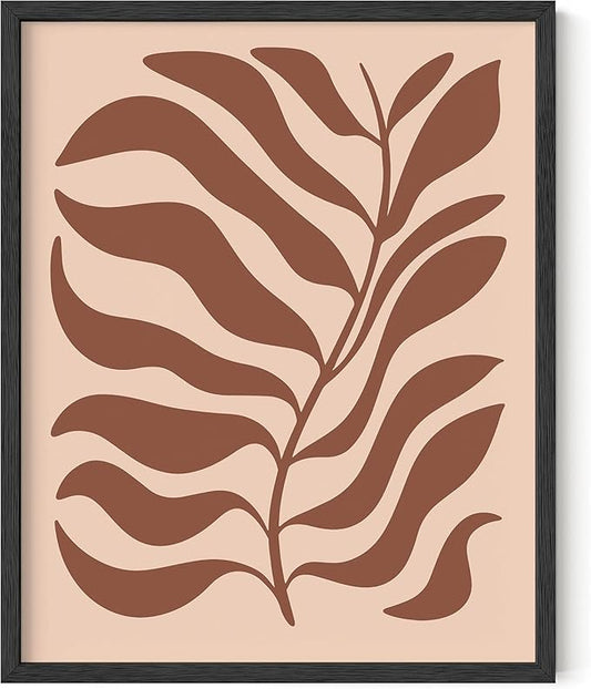 Abstract Organic Leaf Silhouette Wall Art Botanical Shapes Earth Tones Terracotta Mid Century Modern 8x10 Inch Oak Wood Black Framed Minimalist Print for Bedroom Decor