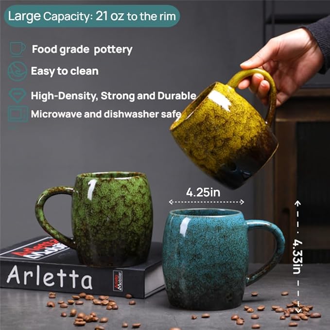 21oz Large Handmade ceramic Mug, Big Ceramic Tea Cup, Durable and Heavy Microwave and Dishwasher Safe Pottery Coffee Mug with Handle, Reactive Glaze Stoneware Clay coffee mug (Blue Reative Glaze)
