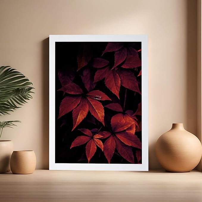 Monem Art Red Autumn Leaves Macro Photography Print - Moody Botanical Nature Poster - Wall Decor for Living Room, Bedroom or Office - 16x20 White Framed Wall Art by Mareike Bohmer
