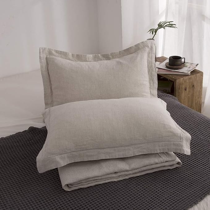 Simple&Opulence 100% French Flax Linen Duvet Cover Set with Embroidery Washed - 3 Pieces (1 Duvet Cover with 2 Pillow Shams) with Button Closure Soft Breathable Farmhouse - Linen, King Size