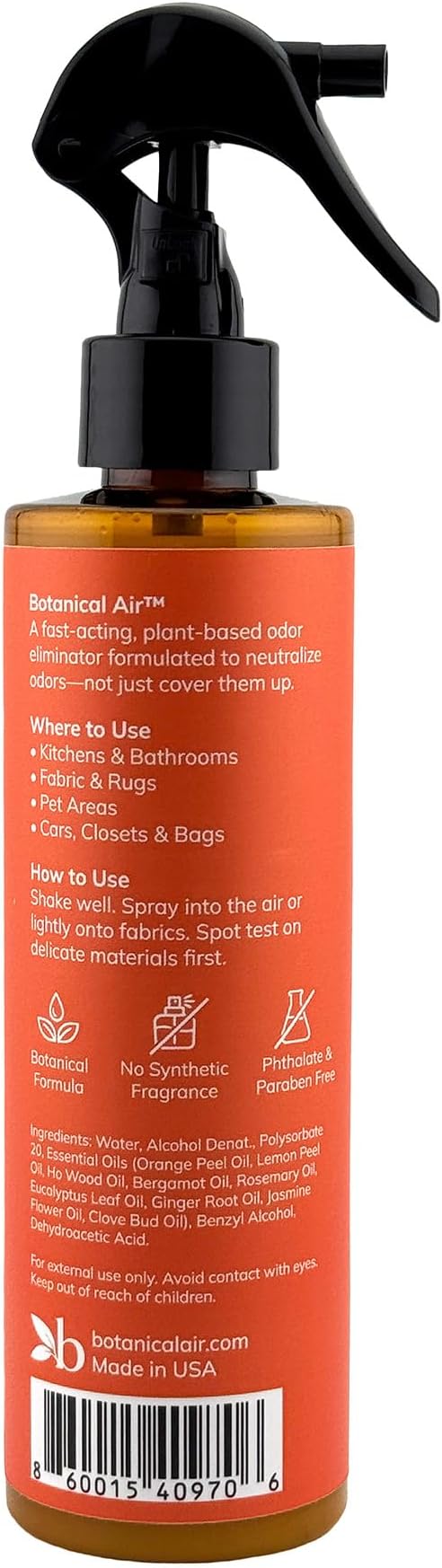 Plant-Based Odor Eliminator Spray – Natural Essential Oil Air Freshener for Home, Bathroom, Fabrics & Pet Areas – 8 oz (Orange Blossom)
