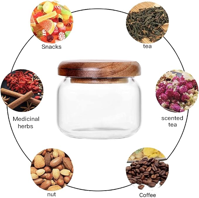 SAIOOL Kitchen Canisters Set of 6-8.5oz Glass Spice Jars With Acacia Airtight Lid and Labels Round Spice Bottles for kitchen Seasoning Baby Food Kids Snacks Meal Prep Containers Candle | Acacia Airtight Lid, Labels Included, Round Spice Bottles, Meal P...