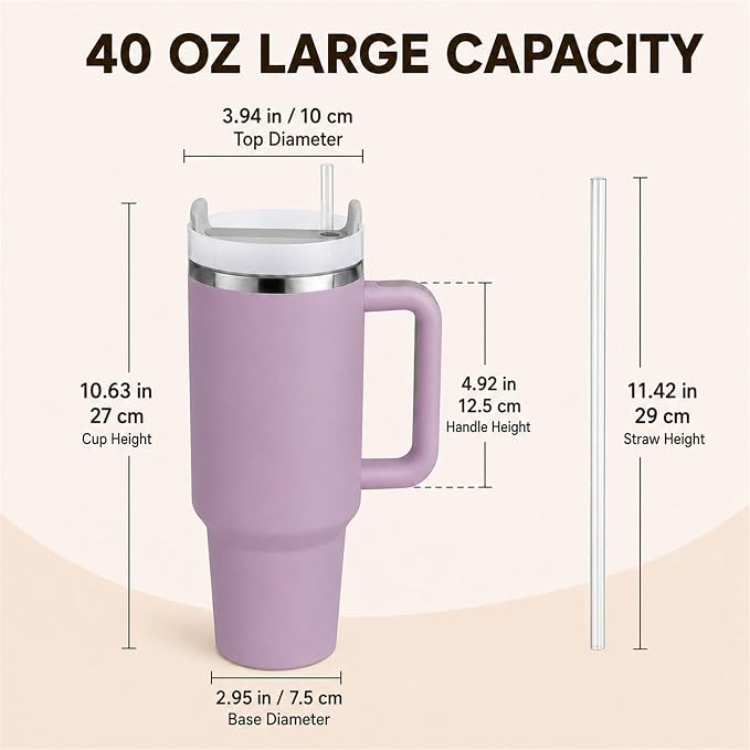 Pandance 4 Pack 40 oz Tumbler with Handle and Straw Bulk, Purple | Stainless Steel Vacuum Insulated Travel Mug, Sturdy Screw-on lid, Cup Holder Friendly, Large Capacity Cup For Iced Coffee