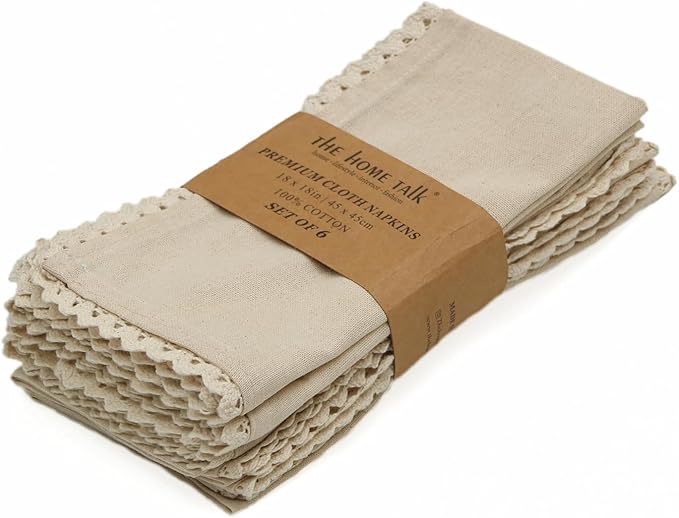 THE HOME TALK Cotton Lace Napkins-Set of 6, Natural(18x18 Inches)|Ultra Soft 100% Cotton Premium Dinner Table Napkins for Home Restaurant Banquet & Hotel|Heavy Absorbent|Machine Washable & Reusable