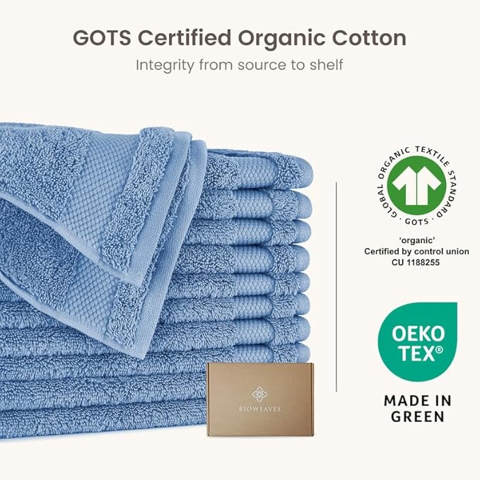 BIOWEAVES 100% Organic Cotton 700 GSM Plush Washcloths 13" x 13" GOTS Certified - Cerulean Blue, Pack of 12