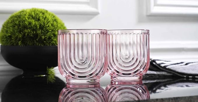 Glaver's Vintage Glassware Art Deco Glasse Ribbed Drinking Glasses U-Shape Arch Design Colored Cocktail Kitchen Tumblers Everyday Dinner Decorative Party HandWash Only (Pink S/4 11oz)