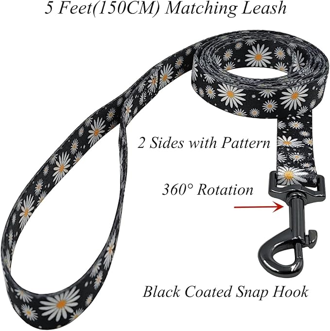 Dog Collar Leash Set, Floral Pattern, Polyester Material, Adjustable Collar and 5ft Matching Leash, for Medium Dogs.(M, Black Daisy)