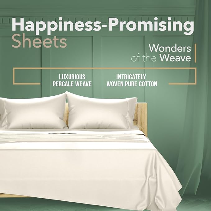 TEXAS LINEN CO. 100% Organic Cotton Percale Sheets Queen Size Pack or 2 - Soft & Crisp Organic Cotton Sheets Queen Size (8 PC, Ivory), 16" Deep Pocket Percale Weve Bed Sheet Set - GOTS Certified