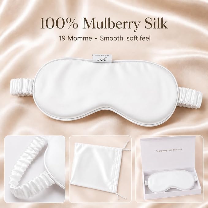 Silk Sleep Mask Light Blocking Luxury 100% Mulberry 19mm Silk Eye Mask Eye Cover Blindfold Ultra Soft Light & Comfy Anti Aging Skin Care with Travel Bag Gift Package