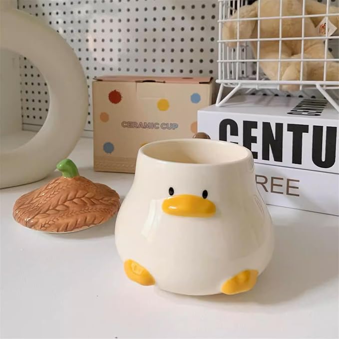 Coffee Mug Cups Ceramic Tea Cup Duck Animal Shaped Handmade Pottery Cute Mugs With Textured Lid Handle Office Home Hot Ice Chocolate Milk Mugs Gifts Microwave Dishwasher Safe 13 Oz Travel Mug (Brown)