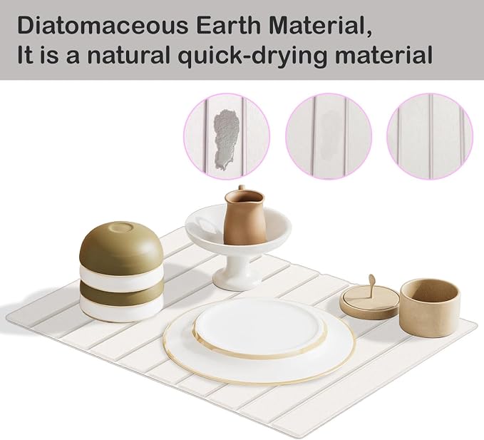 Large Stone Dish Drying Mats for Kitchen Counter, 23"(L)×16"(W) Diatomaceous Earth Mats, Water-Absorbent Collapsible Multi-Purpose Stone Drying Tray for Cups Dishes Bottles, Match Any Countertop