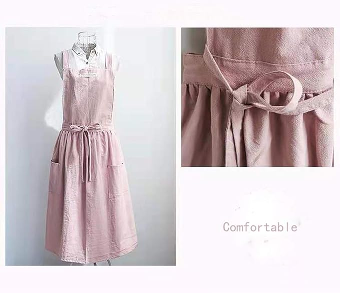Cotton and linen Kitchen Cooking Aprons Dress for Women with Pockets Cute for Baking Painting Gardening Cleaning