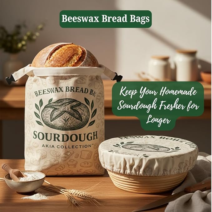 Beeswax Bread Bags for Sourdough and Homemade Bread — 2 XL Reusable Cotton Bread Bags + Beeswax Bowl Cover, Food-Safe Bread Storage Keeps Loaves Fresh, Zero Waste Bakery Gift Set