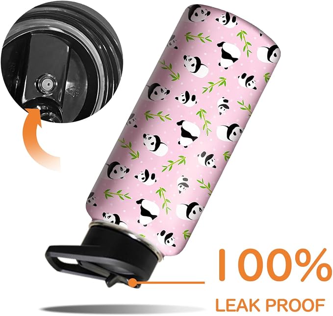 32oz Pink Panda Water Bottle with Handle and Flip Straw, Sports Stainless Steel Insulated Cup Travel Coffee Mug Tumbler, Birthday Mothers Day Chritmas Gifts for Women