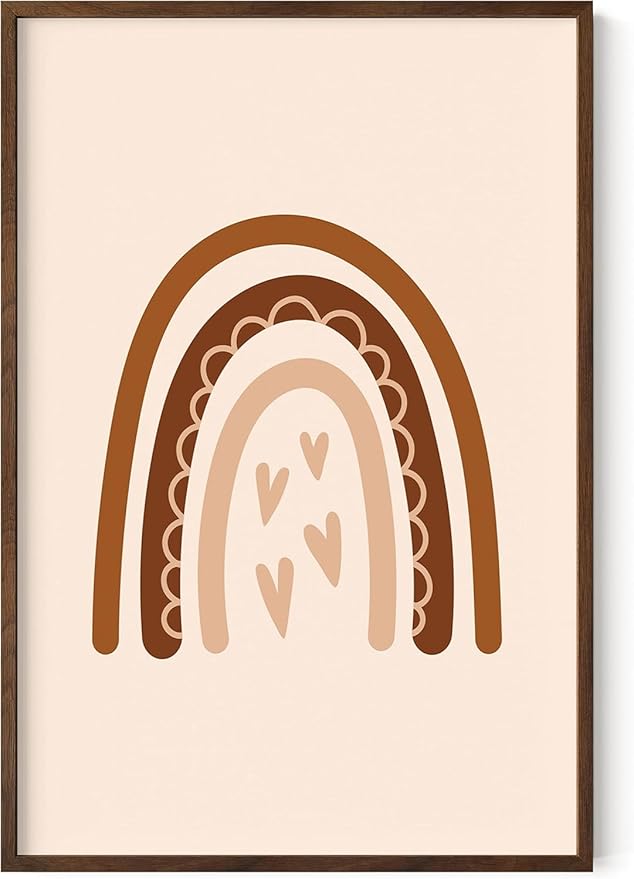 Boho Nursery Rainbow Wall Art with Hearts Earth Tones Terracotta Brown Scandi Minimalist Style 24x36 Inch Oak Wood Walnut Framed Playroom Decor Print for Kids Room