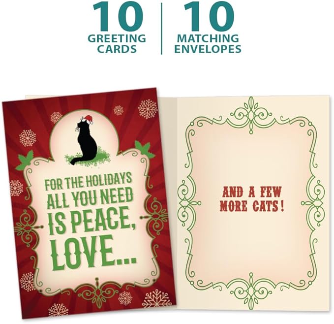 Tree-Free Greetings - Season's Greeting Cards - Artful Designs - 10 Cards + Matching Envelopes - Made in USA - 100% Recycled Paper - 5 x 7 - More Cats (HB93018)