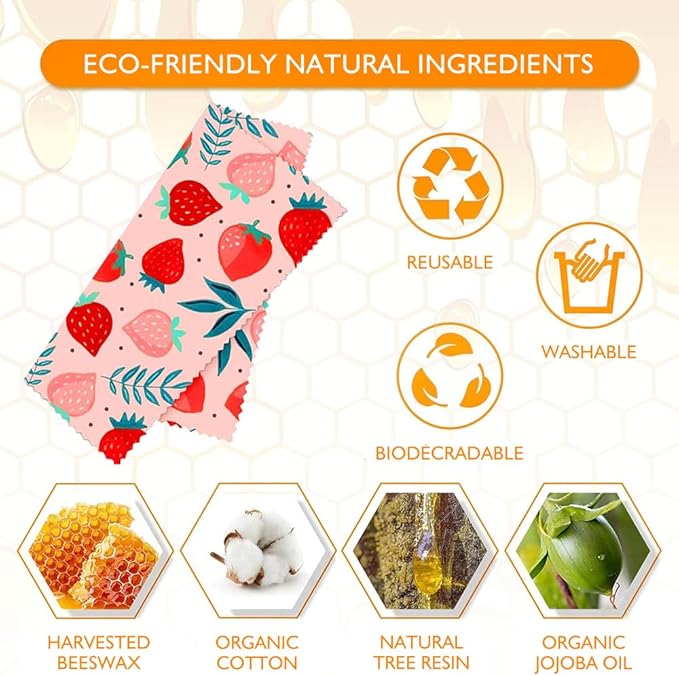 9 Pack Beeswax Wraps for Food, Reusable Organic Cotton Food Storage Covers for Bread, Cheese, Fruit, and Vegetables, Plastic Free Kitchen Supplies, 3 Sizes