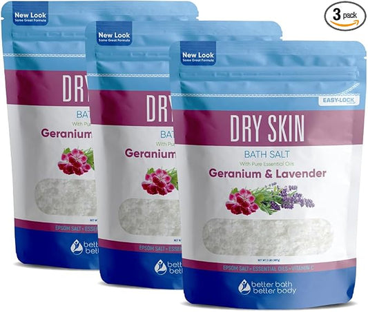 Dry Skin Bath Salt (3 Pack) Skin Soothing Epsom Salt with Pure Essential Oils in BPA Free Pouch with Press Lock Seal Made in USA Three 2 Lbs Pouches 6 Lbs Total