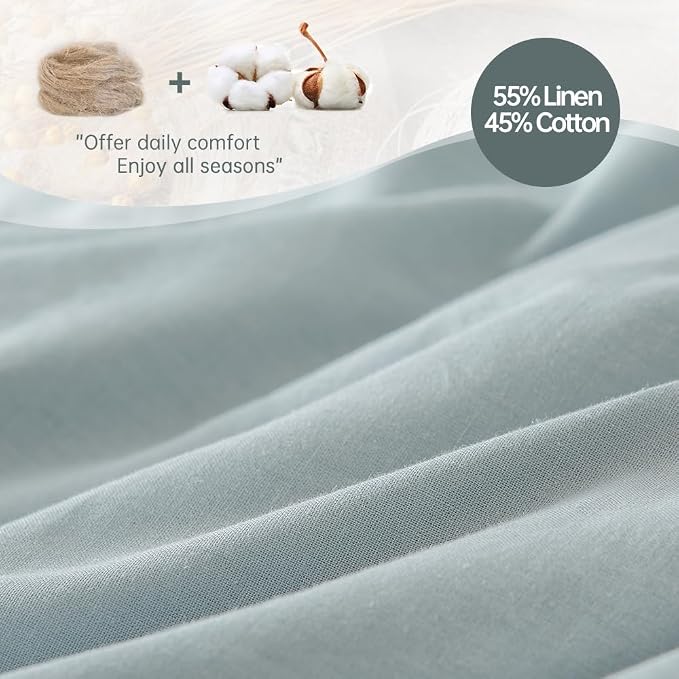 Simple&Opulence French Linen Duvet Cover Set 88" x 92"- 3 Pieces (1 Comforter Cover,2 Pillowcases)- Natural Flax Cotton Blend-Solid Color Breathable Farmhouse Bedding-Dusty Blue, Queen