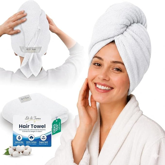 Lili&James Cotton Hair Towel Wrap for Women/Kids | Quick Dry, Soft & Absorbent Hair Wrap Towels with Double Button (Pack of 1, White Large)