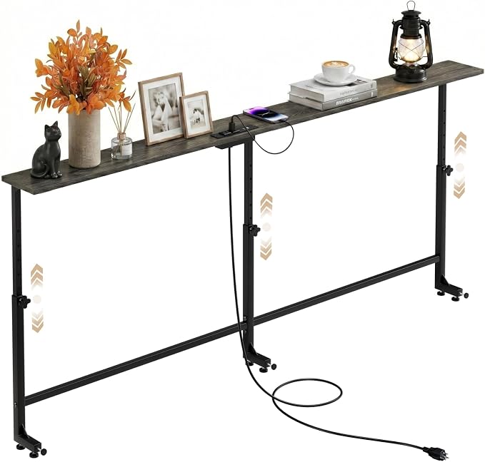 Faesun 70.9 Inch Behind Couch Table, 24"-32" Adjustable Height Range, Behind The Couch Table with Outlet, Adjustable Console Table, Narrow Long Sofa Table, for Living Room, Gray
