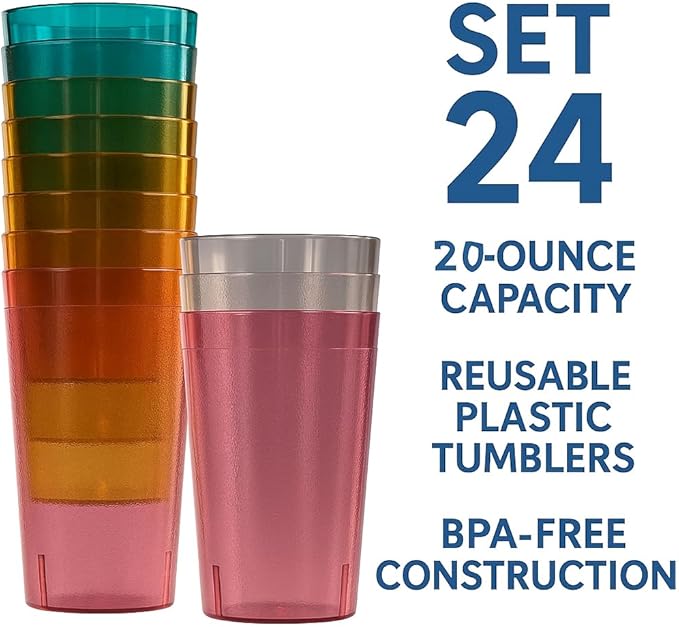 Oojami Set of 24 Plastic Tumblers, 20-Ounce Reusable Cups, BPA-Free & Shatterproof, Stackable Restaurant-Style Drinking Glasses for Water, Juice, and Everyday Use, Dishwasher Safe 20 oz