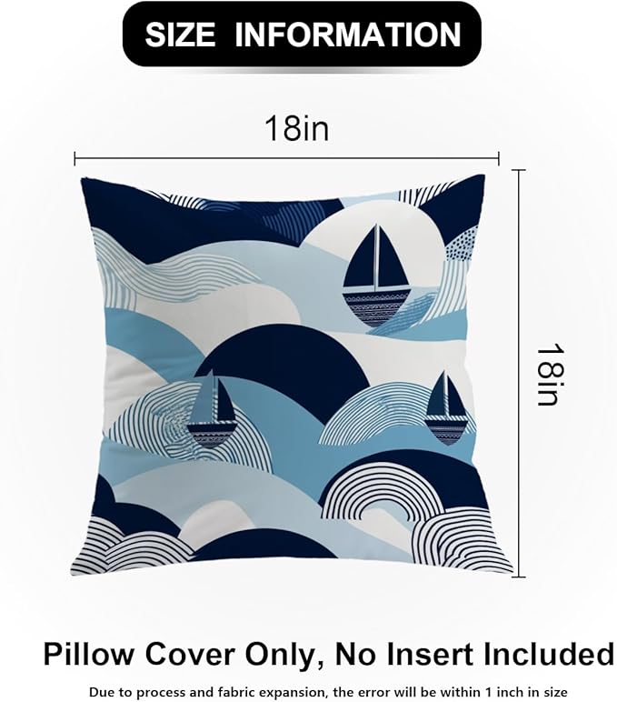 Shrahala Maritime Ocean Waves Decorative Couch Cover, Sailboat Coastal Vibes Square Throw Pillows Blended Double-Sided No Inserts for Bedroom Living Room Set of 2 (18 X 18 in)
