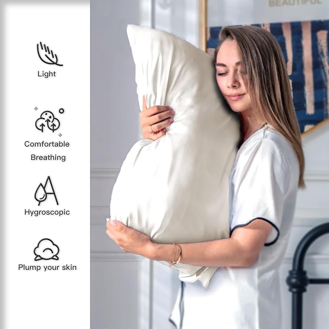 Mulberry Silk Pillowcase for Hair and Skin Standard Size 20"X 26" Pillow Case with Hidden Zipper Soft Breathable Smooth Cooling Silk Pillow Covers for Sleeping (Beige,Standard,1Pcs)